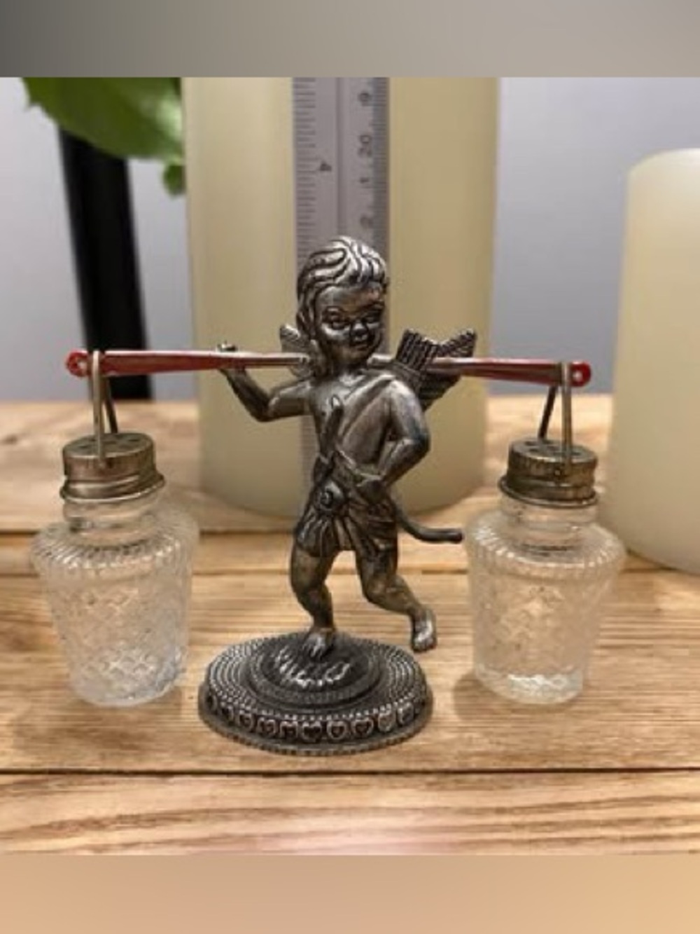 Vintage Silver Tone Cupid Cherub Salt and Pepper Shaker Caddy Set Press Glass